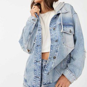 Free People We The Free Flawless Hooded Denim Jacket Oversized Distressed M New